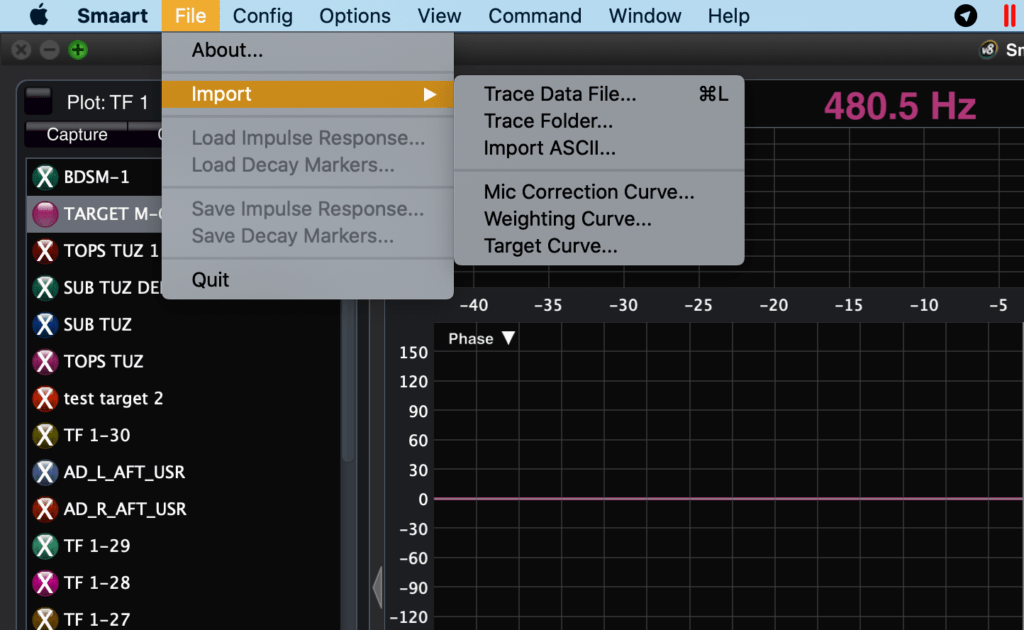 Импорт целевой кривой в Smaart v8: File — Import — Target Curve